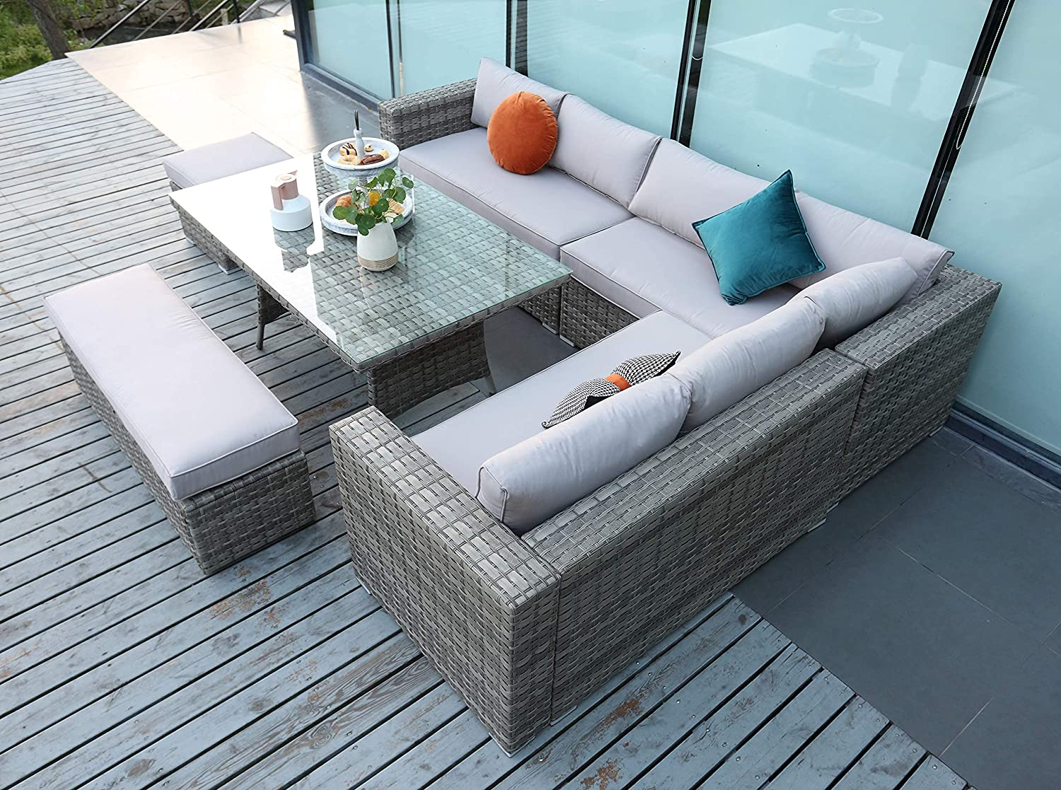 Ecosunny Rattan Garden Furniture Andrew 9 seaters Convertible Corner Sofa (288cm x 225cm x 81cm) Dining Table Set with Bench, Stool and Raincover, Flat pack - Mixed Grey Rattan and Light Grey Cushion