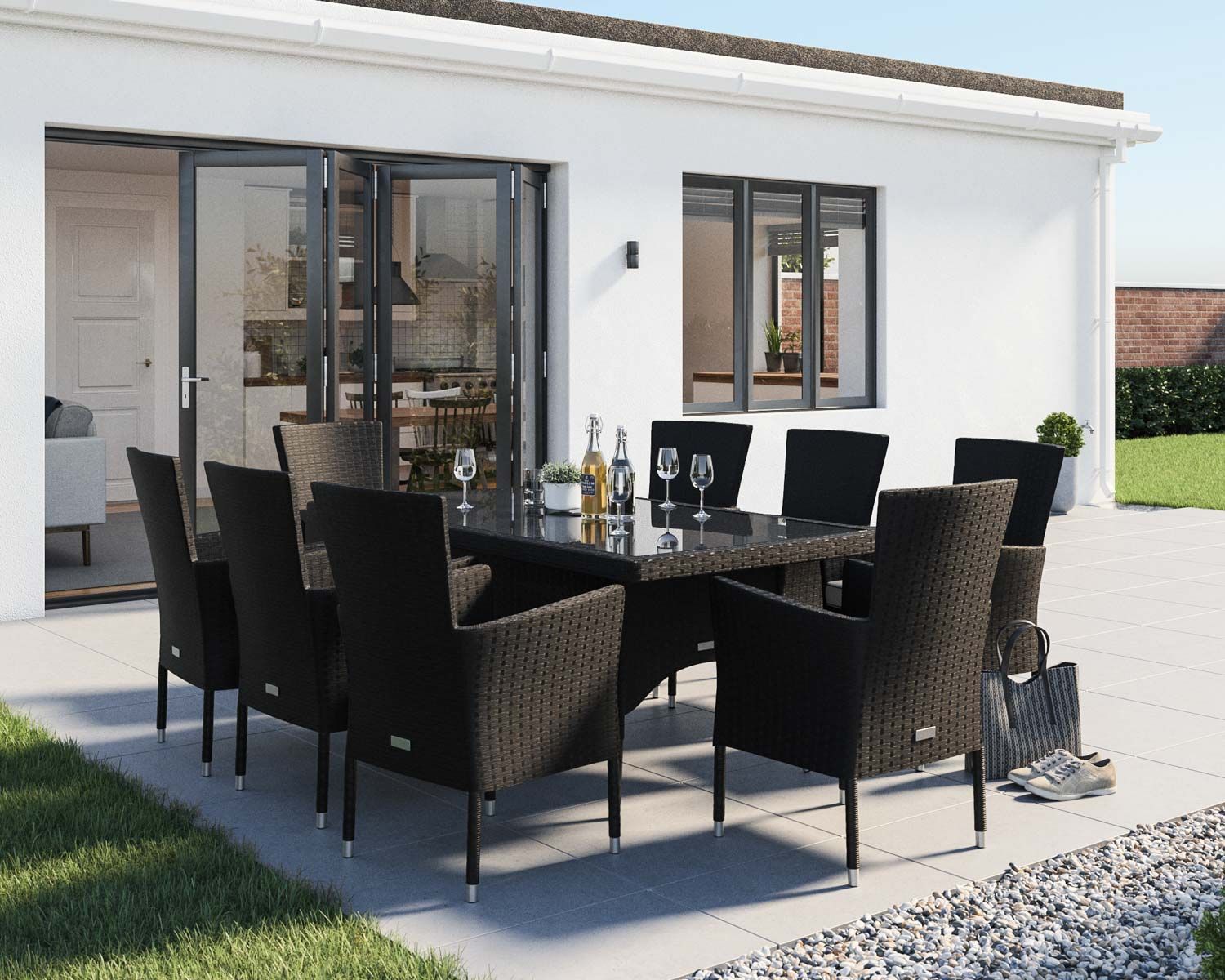 Garden Dining Table + 8 Chairs Rattan Garden Chairs and Rectangular Dining Table Set