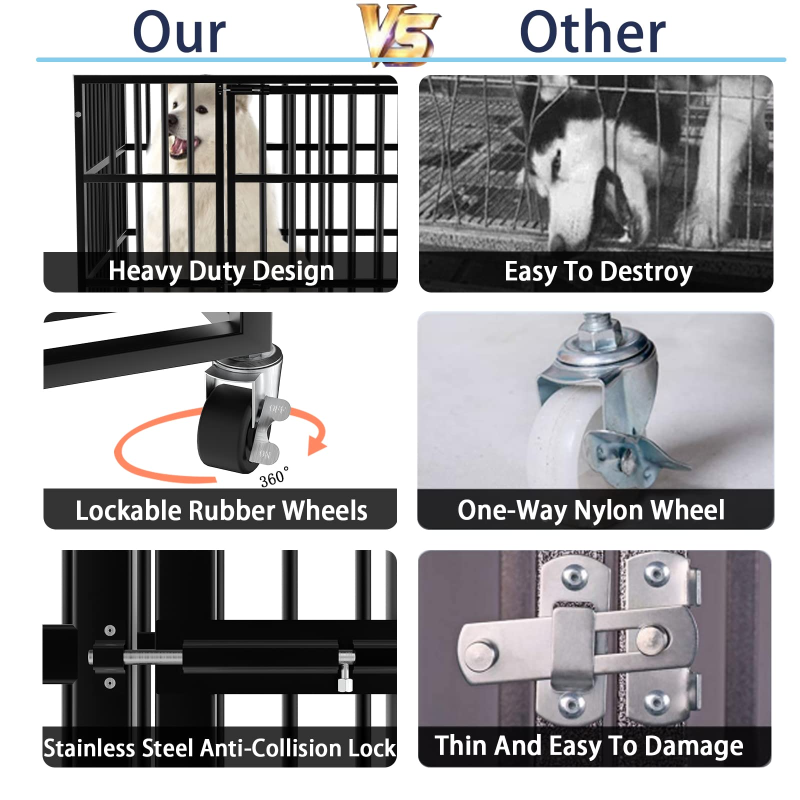 【Pet】【BS】48/38 inch Heavy Duty Dog Crate, Escape Proof Dog cage with Lockable Wheels & Removable Tray