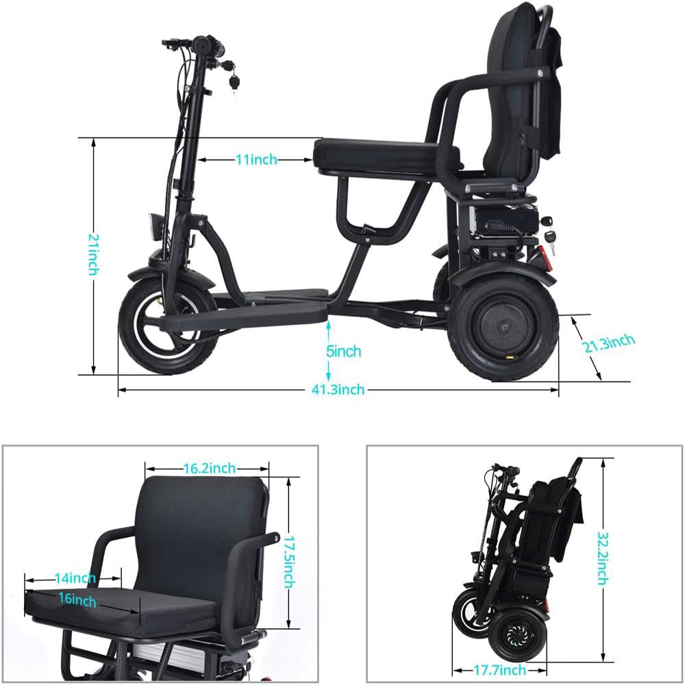 MotoTec Folding Mobility Electric Trike 48v 700w Dual Motor Lithium Black