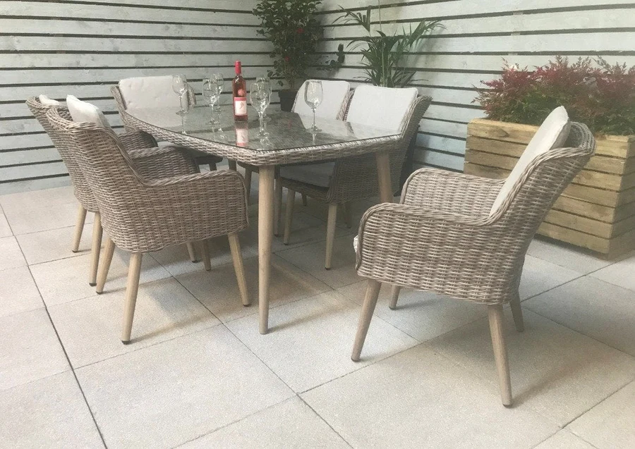 Rattan 6 Seat Rectangular Dining Set - Light Grey - Derwent Range