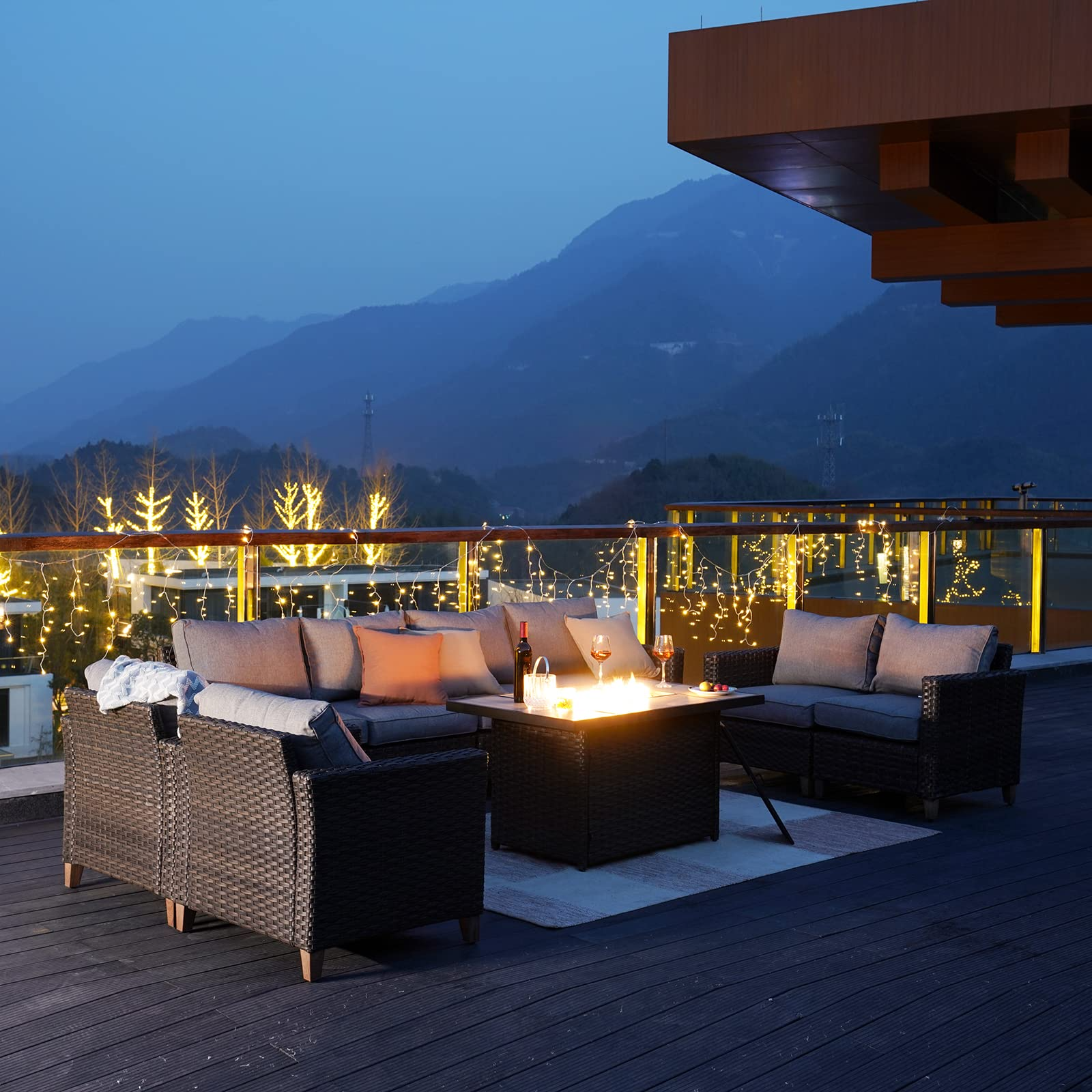 【Home&Garden】【BS】Patio Sofa Sets 9 Pcs Conversation Set with Fire Pit Table, PE Rattan Patio Furniture