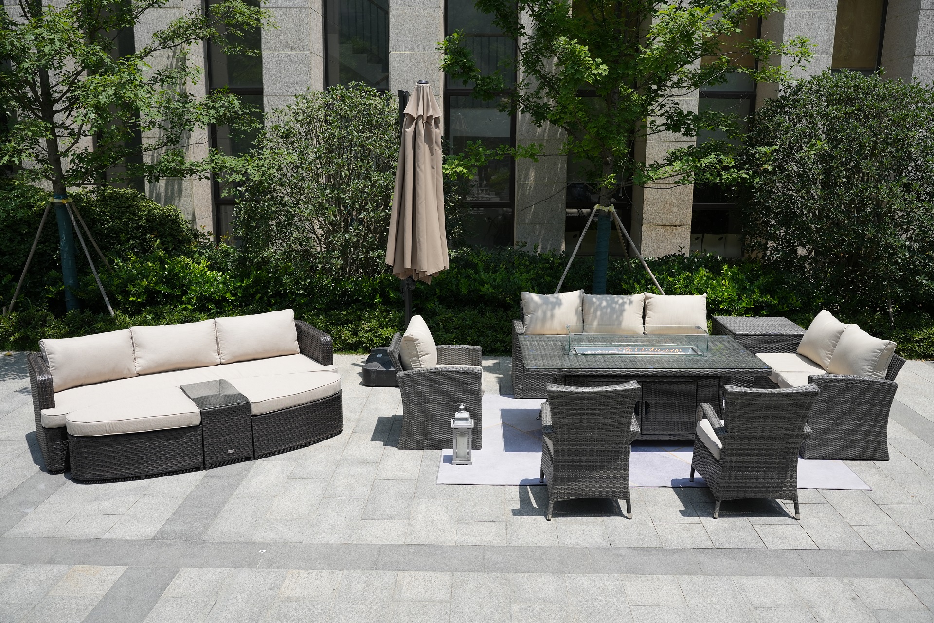 Wicker Patio Gray Wicker Conversational Seating Set with Rectangular Glass Fire Pit Table and Back Chair (Patio Set Option)