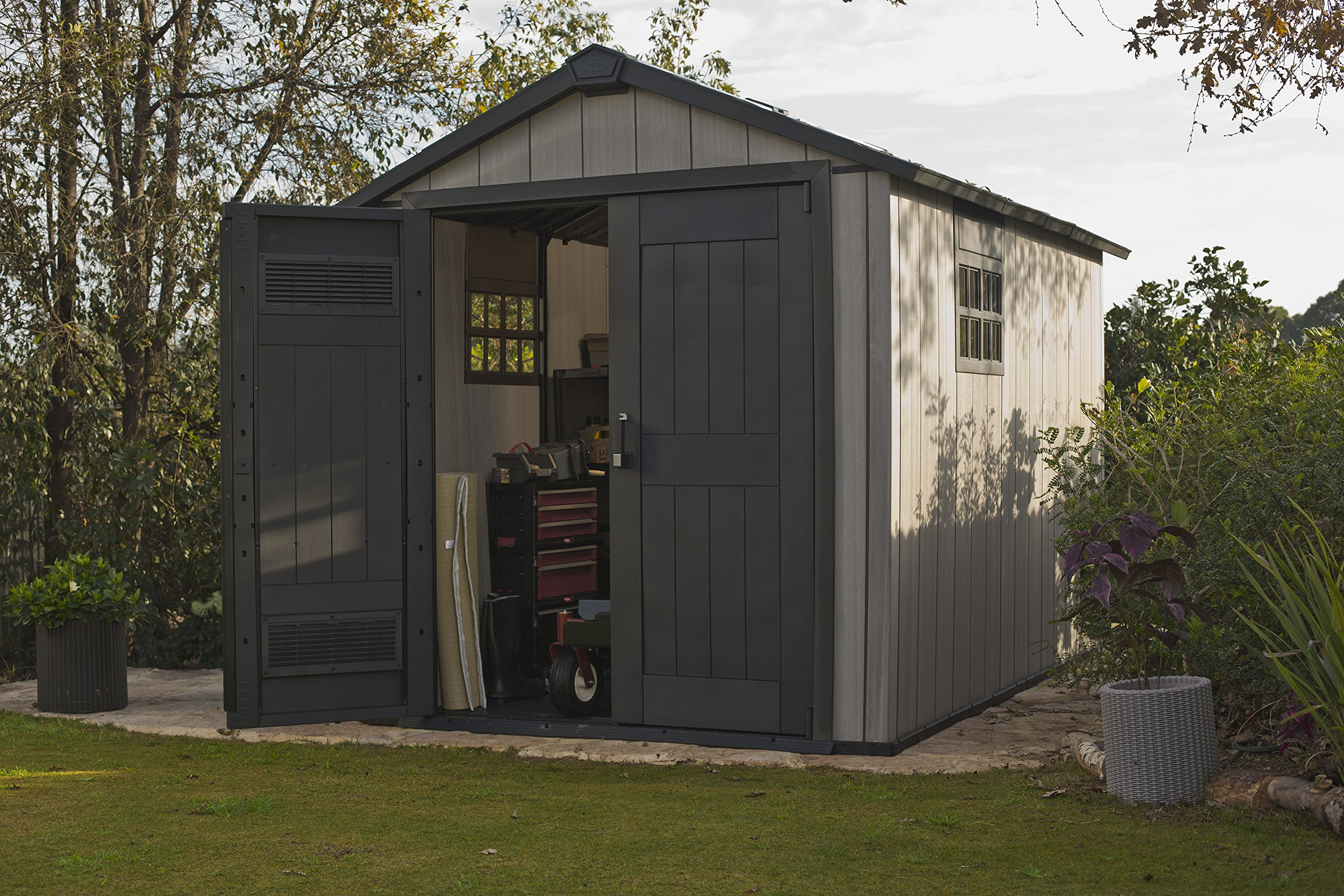 【Storage Shed】Oakland Outdoor Plastic Garden Storage Shed, Grey, 7.5 x 11 feet