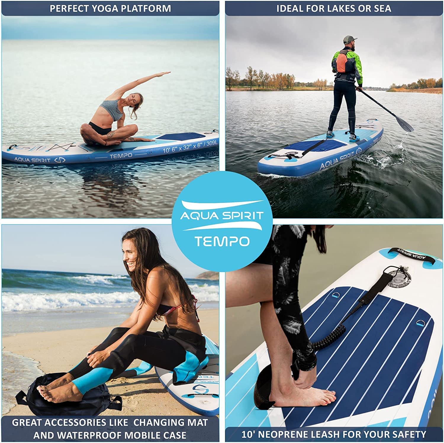 AQUA SPIRIT Inflatable Stand up Paddle Board SUP TEMPO Package | 10’6 x 32” x 6” | Adult Beginners/Experts | 120KG Limit | Paddle, Backpack, Pump, Go Pro Mount, Change Mat, Phone Case