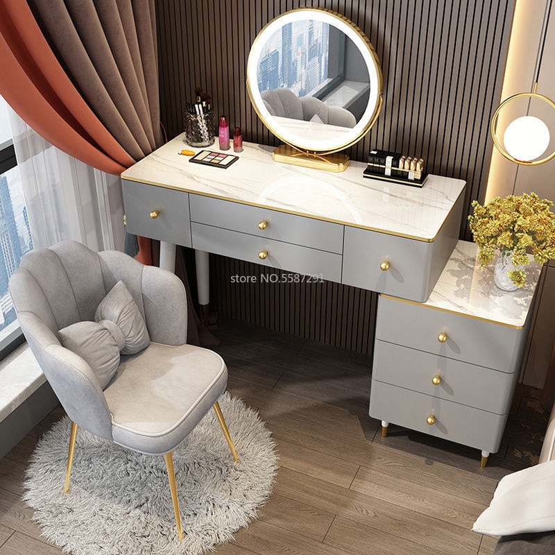【Furniture】【BS】Nordic Dressing Table with Mirror, Stool & 3 Light Effect LED Mirrors, Golden Iron Dresser