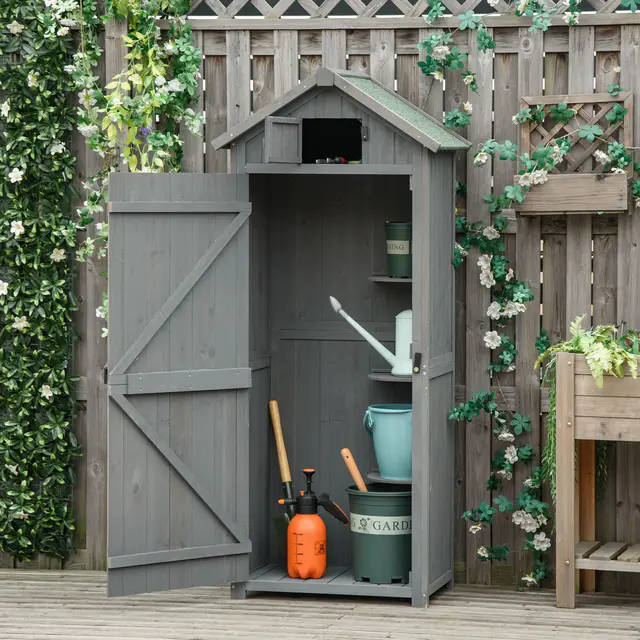 【Storage Shed】30 x 21 x 71 Garden Storage shed, yard tools warehouse 3 storey shelf grey