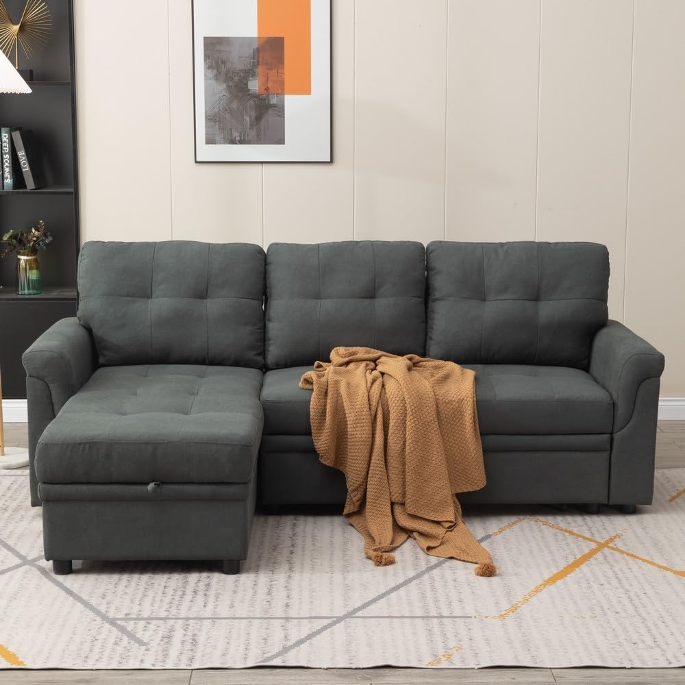 Panana 3 Seater Universal Sofa Bed Corner - Linen or Black Leather-Like Fabric Sofa Bed with Storage & Reversible Chaise (Grey Linen Fabric)