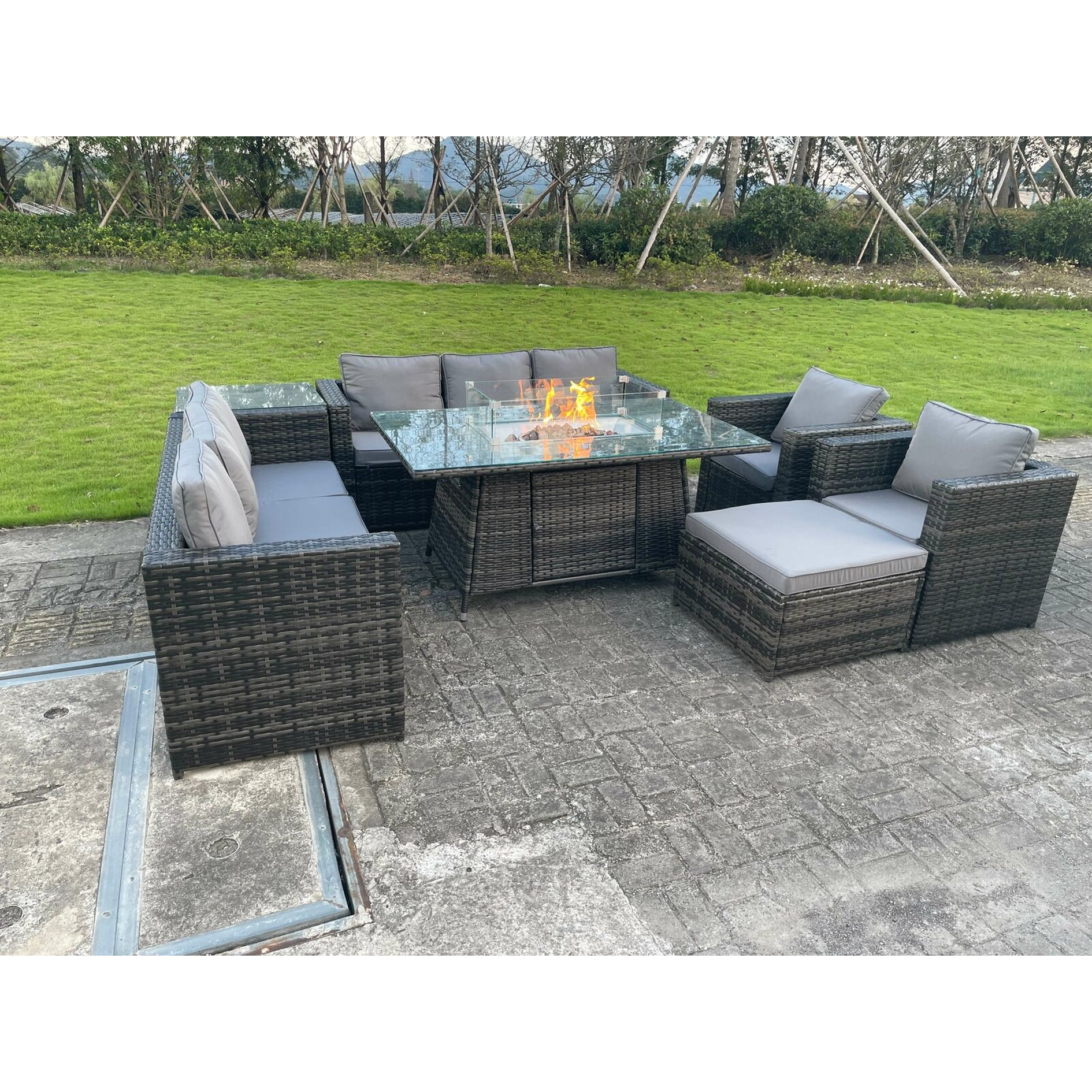 Outdoor Rattan Garden Furniture Gas Fire Pit Table Setting Recliner