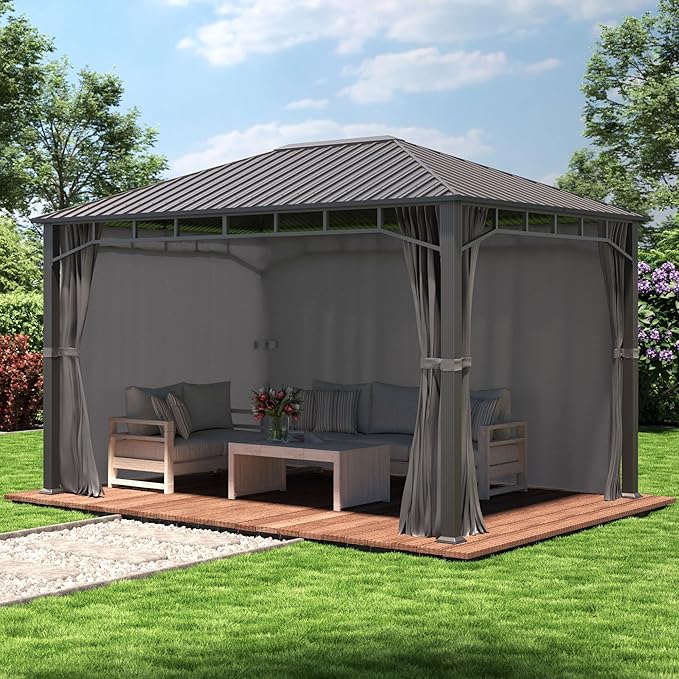 TOOLPORT Garden gazebo 3x4 m hardtop steel roof, 4 side panels in grey, poles 9x9cm