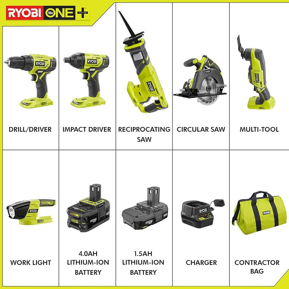 RYOBI P1819 18V Combo Kit: Drill, Impact Driver, Saw, Multi-Tool, Worklight, Batteries, Charger & Bag